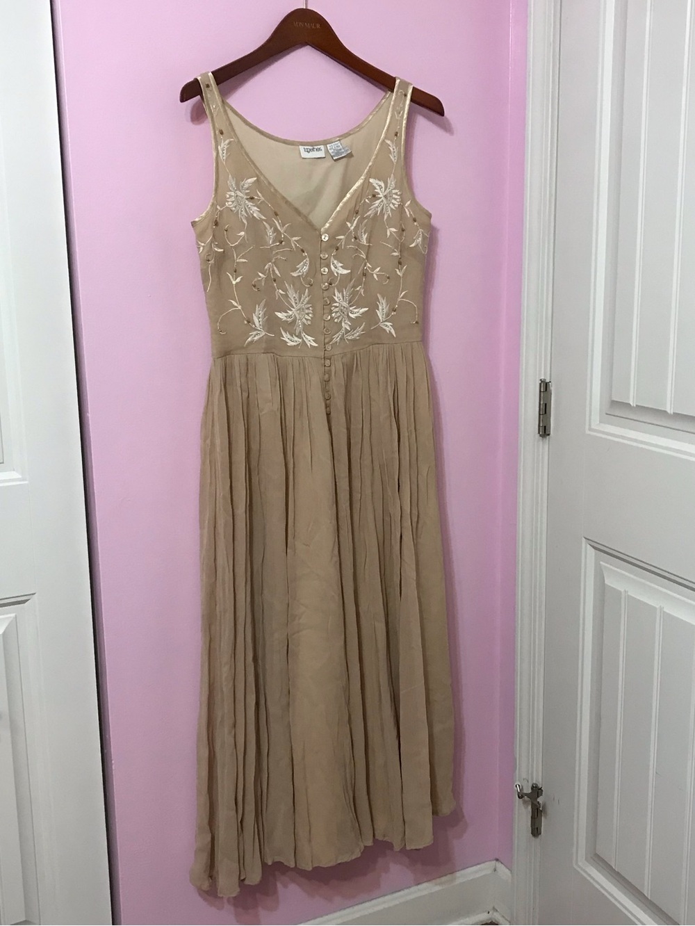Vintage Together Floral Embroidered Beaded Beige midi Dress size 10